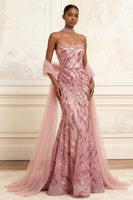 Load image into Gallery viewer, Strapless Sparkly Pink Long Beaded Mermaid Prom Dress with Shawl