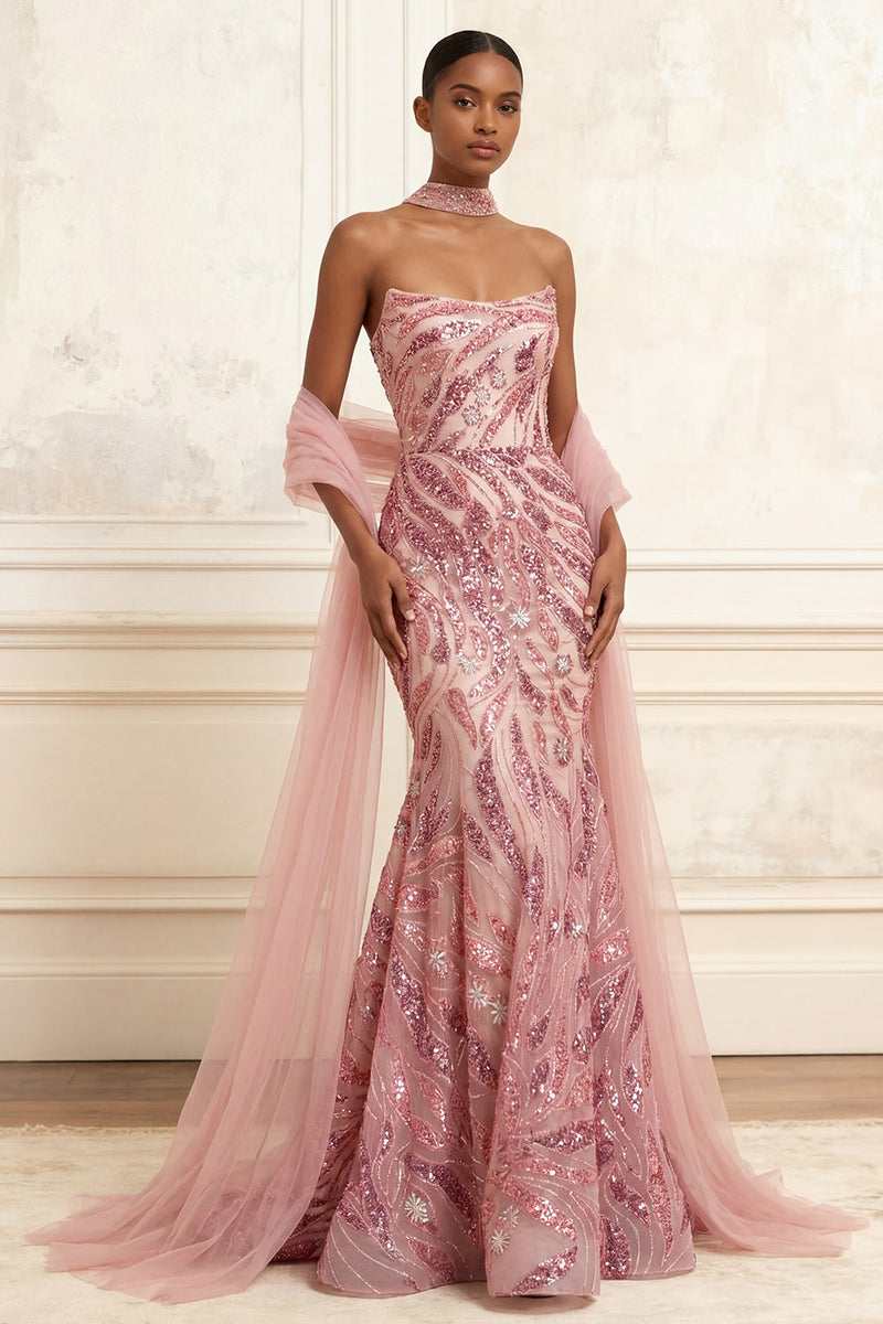 Load image into Gallery viewer, Strapless Sparkly Pink Long Beaded Mermaid Prom Dress with Shawl