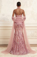 Load image into Gallery viewer, Strapless Sparkly Pink Long Beaded Mermaid Prom Dress with Shawl