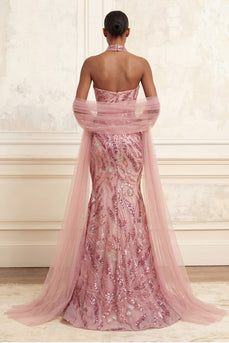 Strapless Sparkly Pink Long Beaded Mermaid Prom Dress with Shawl