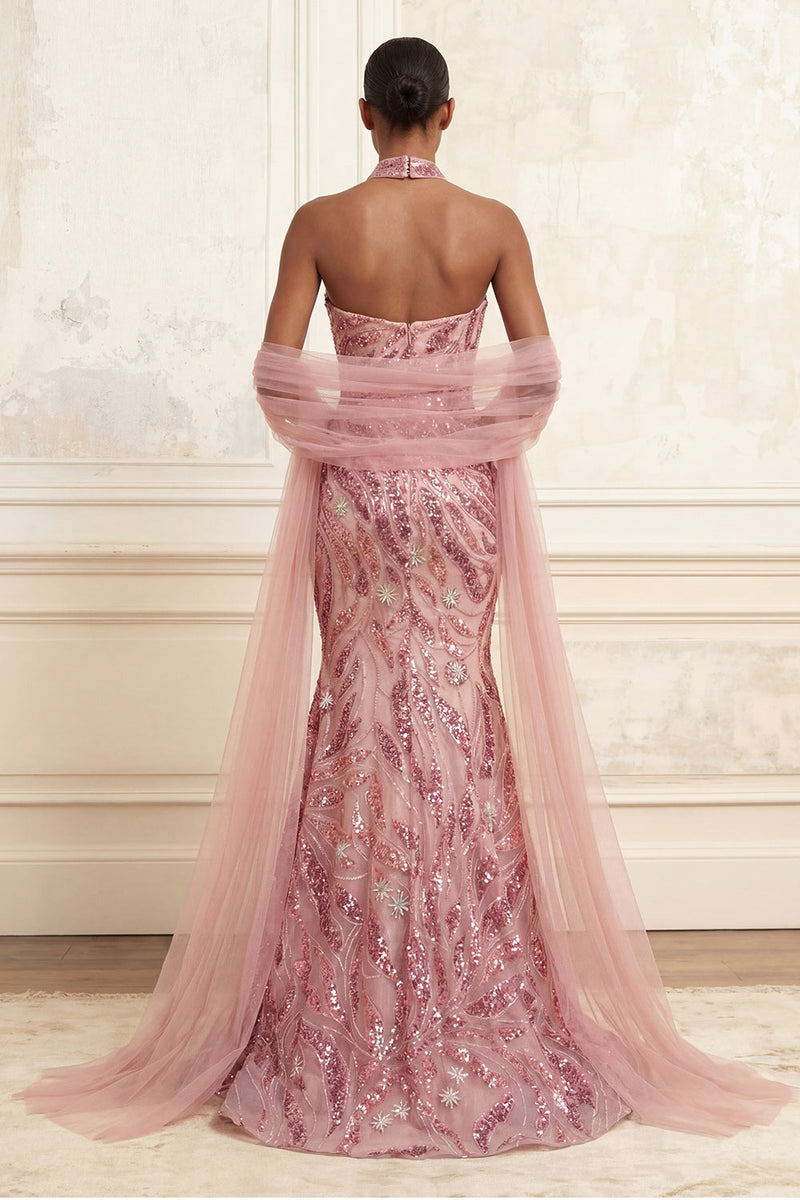 Load image into Gallery viewer, Strapless Sparkly Pink Long Beaded Mermaid Prom Dress with Shawl