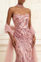 Load image into Gallery viewer, Strapless Sparkly Pink Long Beaded Mermaid Prom Dress with Shawl