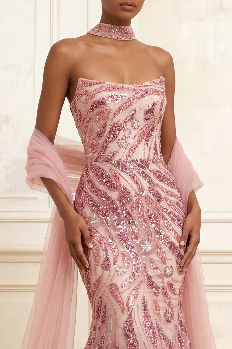 Load image into Gallery viewer, Strapless Sparkly Pink Long Beaded Mermaid Prom Dress with Shawl
