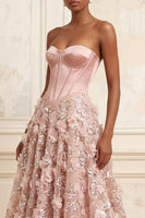 Load image into Gallery viewer, Sparkly Blush Long Strapless Floral A Line Basque Waist Corset Beaded Prom Dress