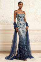 Load image into Gallery viewer, Spaghetti Straps Sparkly Navy Floral Long Beaded Evening Dress with Shawl