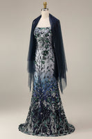 Load image into Gallery viewer, Spaghetti Straps Sparkly Navy Floral Long Beaded Evening Dress with Shawl