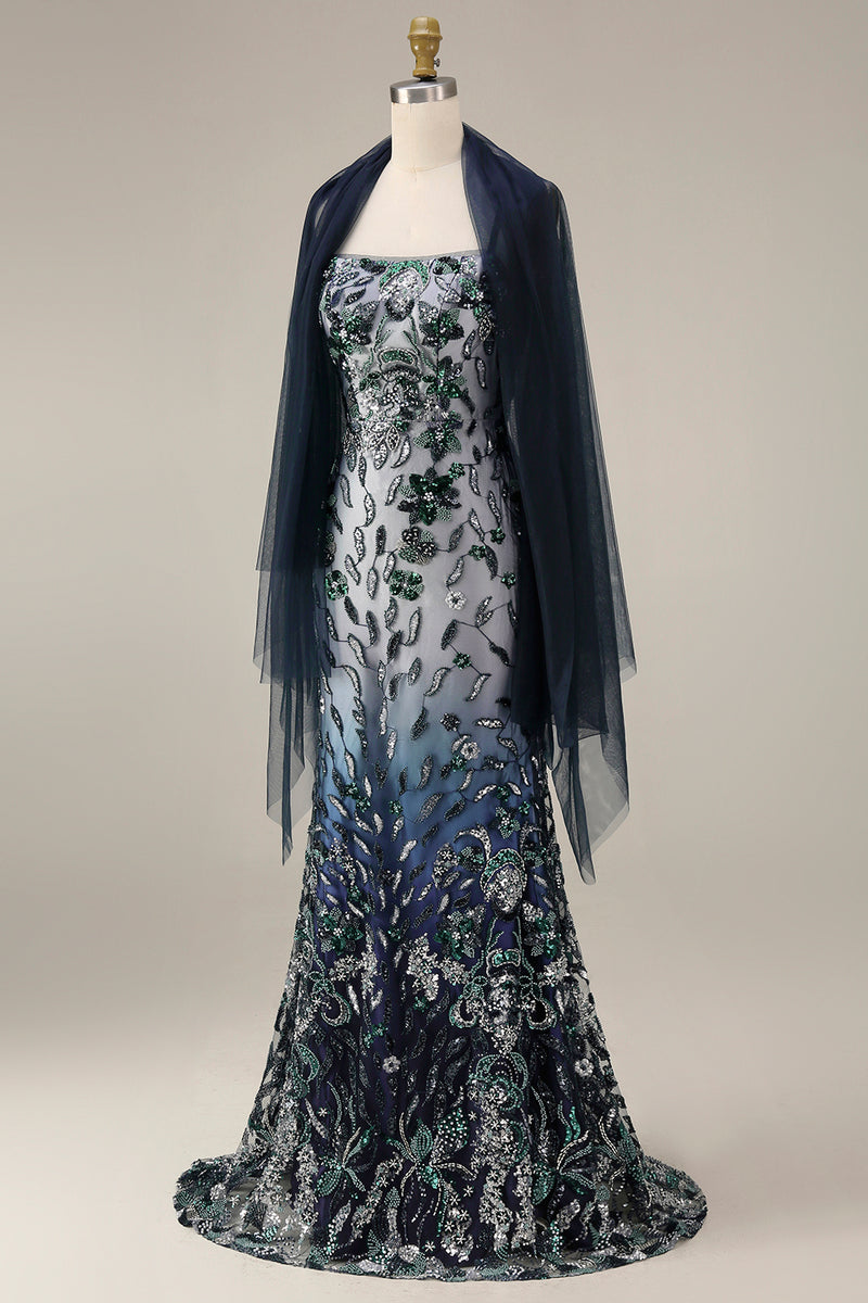 Load image into Gallery viewer, Spaghetti Straps Sparkly Navy Floral Long Beaded Evening Dress with Shawl
