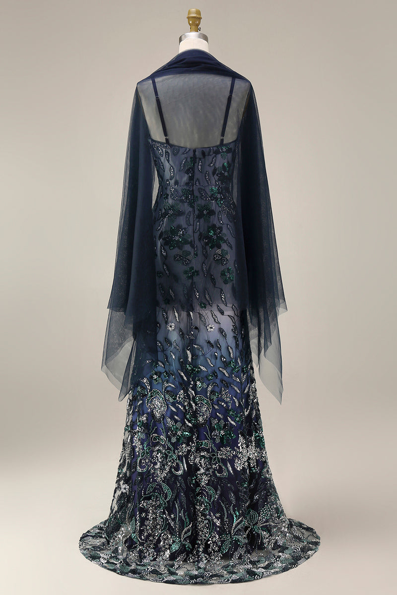 Load image into Gallery viewer, Spaghetti Straps Sparkly Navy Floral Long Beaded Evening Dress with Shawl