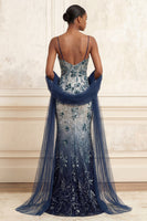 Load image into Gallery viewer, Spaghetti Straps Sparkly Navy Floral Long Beaded Evening Dress with Shawl