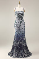 Load image into Gallery viewer, Spaghetti Straps Sparkly Navy Floral Long Beaded Evening Dress with Shawl