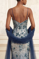 Load image into Gallery viewer, Spaghetti Straps Sparkly Navy Floral Long Beaded Evening Dress with Shawl