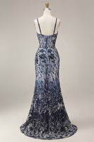 Load image into Gallery viewer, Spaghetti Straps Sparkly Navy Floral Long Beaded Evening Dress with Shawl