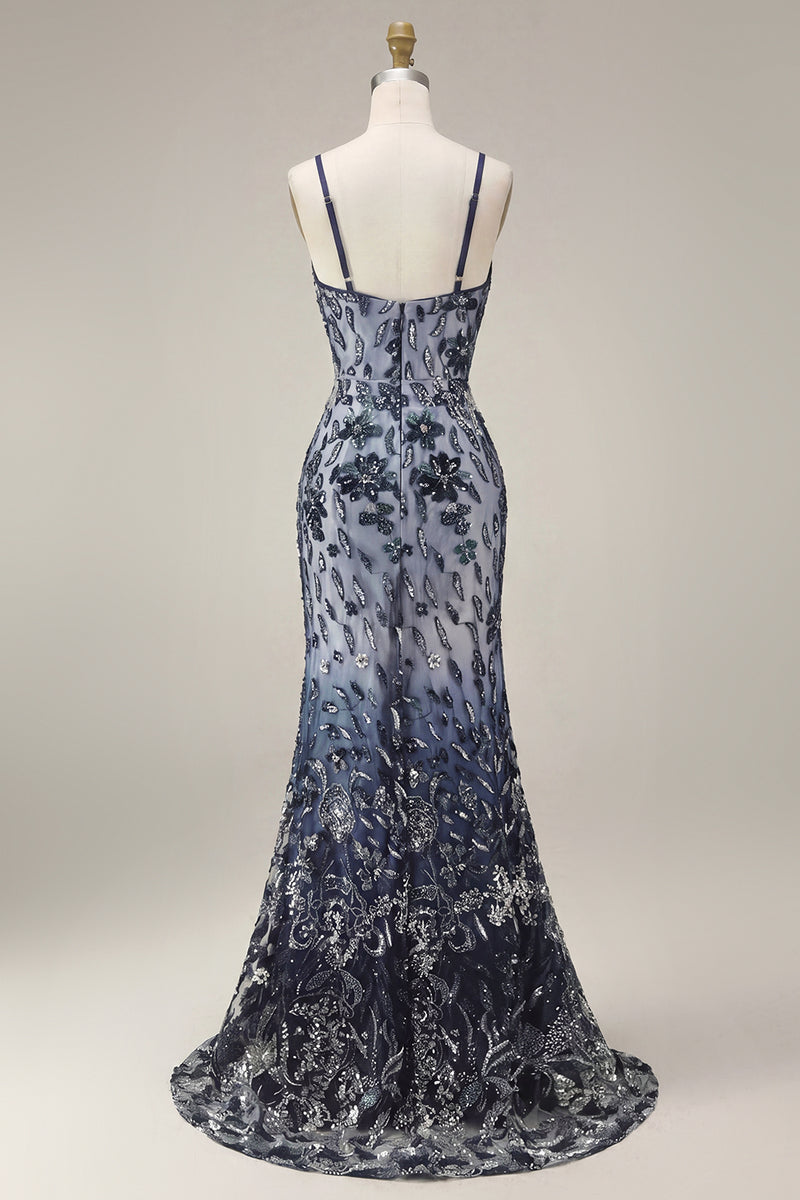 Load image into Gallery viewer, Spaghetti Straps Sparkly Navy Floral Long Beaded Evening Dress with Shawl
