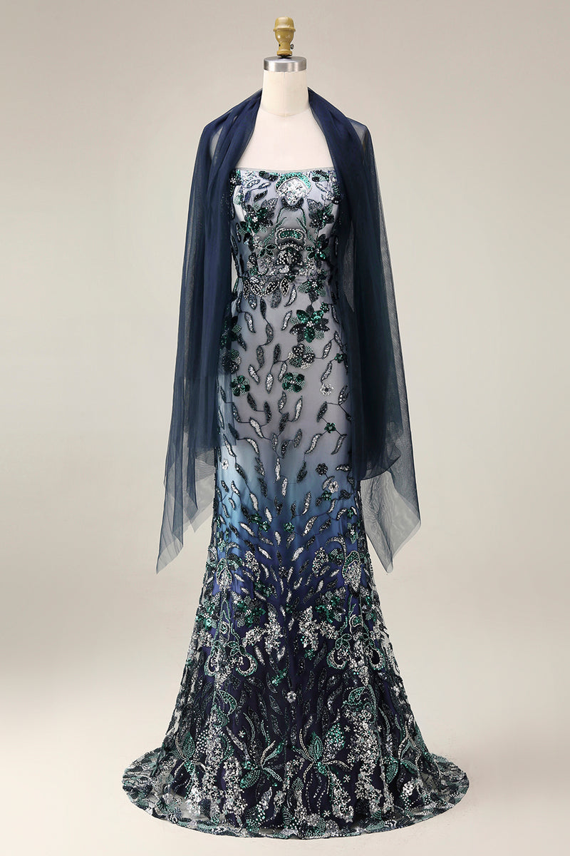 Load image into Gallery viewer, Spaghetti Straps Sparkly Navy Floral Long Beaded Evening Dress with Shawl