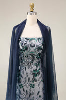 Load image into Gallery viewer, Spaghetti Straps Sparkly Navy Floral Long Beaded Evening Dress with Shawl
