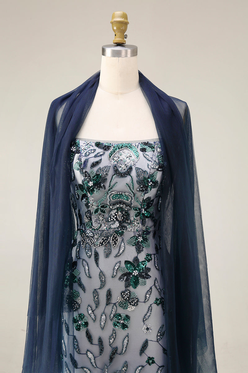 Load image into Gallery viewer, Spaghetti Straps Sparkly Navy Floral Long Beaded Evening Dress with Shawl