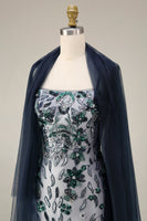 Load image into Gallery viewer, Spaghetti Straps Sparkly Navy Floral Long Beaded Evening Dress with Shawl