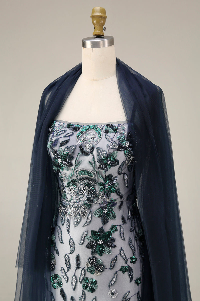 Load image into Gallery viewer, Spaghetti Straps Sparkly Navy Floral Long Beaded Evening Dress with Shawl