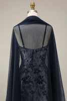Load image into Gallery viewer, Spaghetti Straps Sparkly Navy Floral Long Beaded Evening Dress with Shawl
