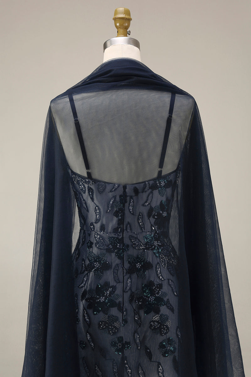 Load image into Gallery viewer, Spaghetti Straps Sparkly Navy Floral Long Beaded Evening Dress with Shawl