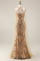 Load image into Gallery viewer, High Neck Champagne Sparkly Long Beaded Prom Dress with Cape