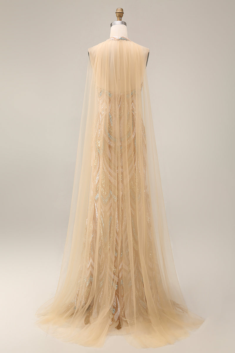 Load image into Gallery viewer, High Neck Champagne Sparkly Long Beaded Prom Dress with Cape