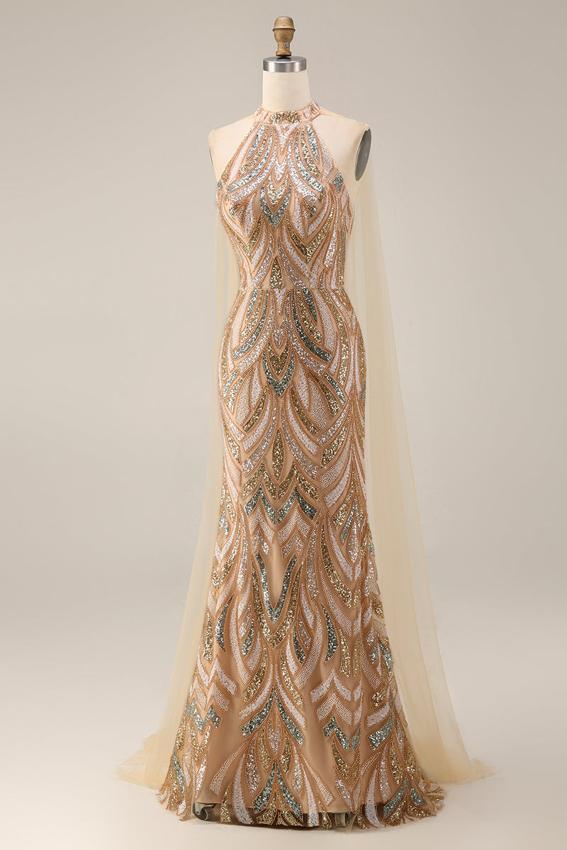 Load image into Gallery viewer, High Neck Champagne Sparkly Long Beaded Prom Dress with Cape