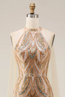 Load image into Gallery viewer, High Neck Champagne Sparkly Long Beaded Prom Dress with Cape