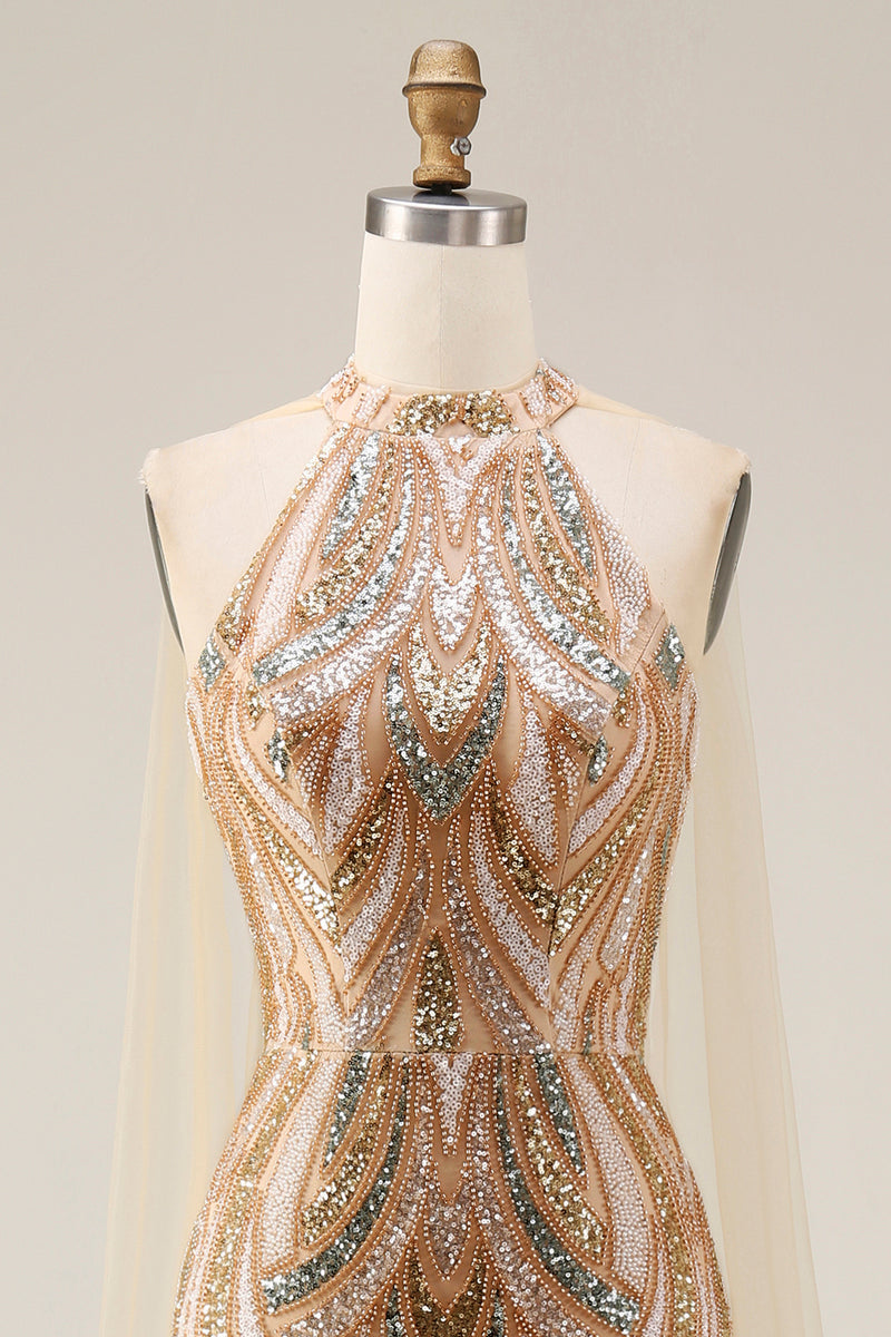 Load image into Gallery viewer, High Neck Champagne Sparkly Long Beaded Prom Dress with Cape