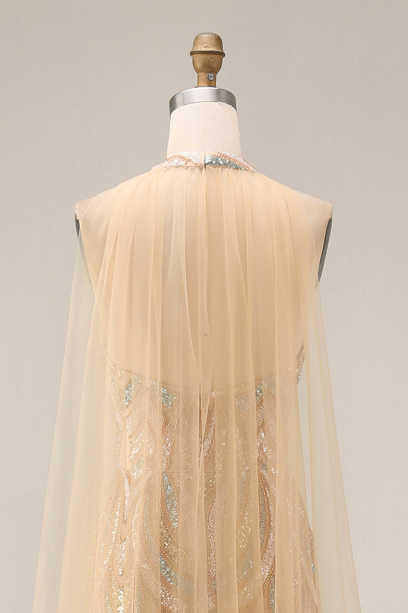 Load image into Gallery viewer, High Neck Champagne Sparkly Long Beaded Prom Dress with Cape