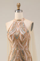 Load image into Gallery viewer, High Neck Champagne Sparkly Long Beaded Prom Dress with Cape