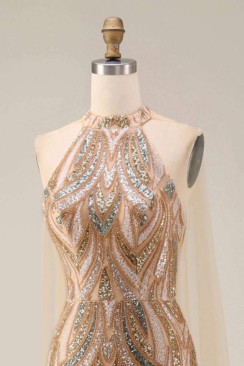 Load image into Gallery viewer, High Neck Champagne Sparkly Long Beaded Prom Dress with Cape