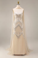 Load image into Gallery viewer, Sparkly Apricot Beaded Long Spaghetti Straps Prom Dress with Shawl