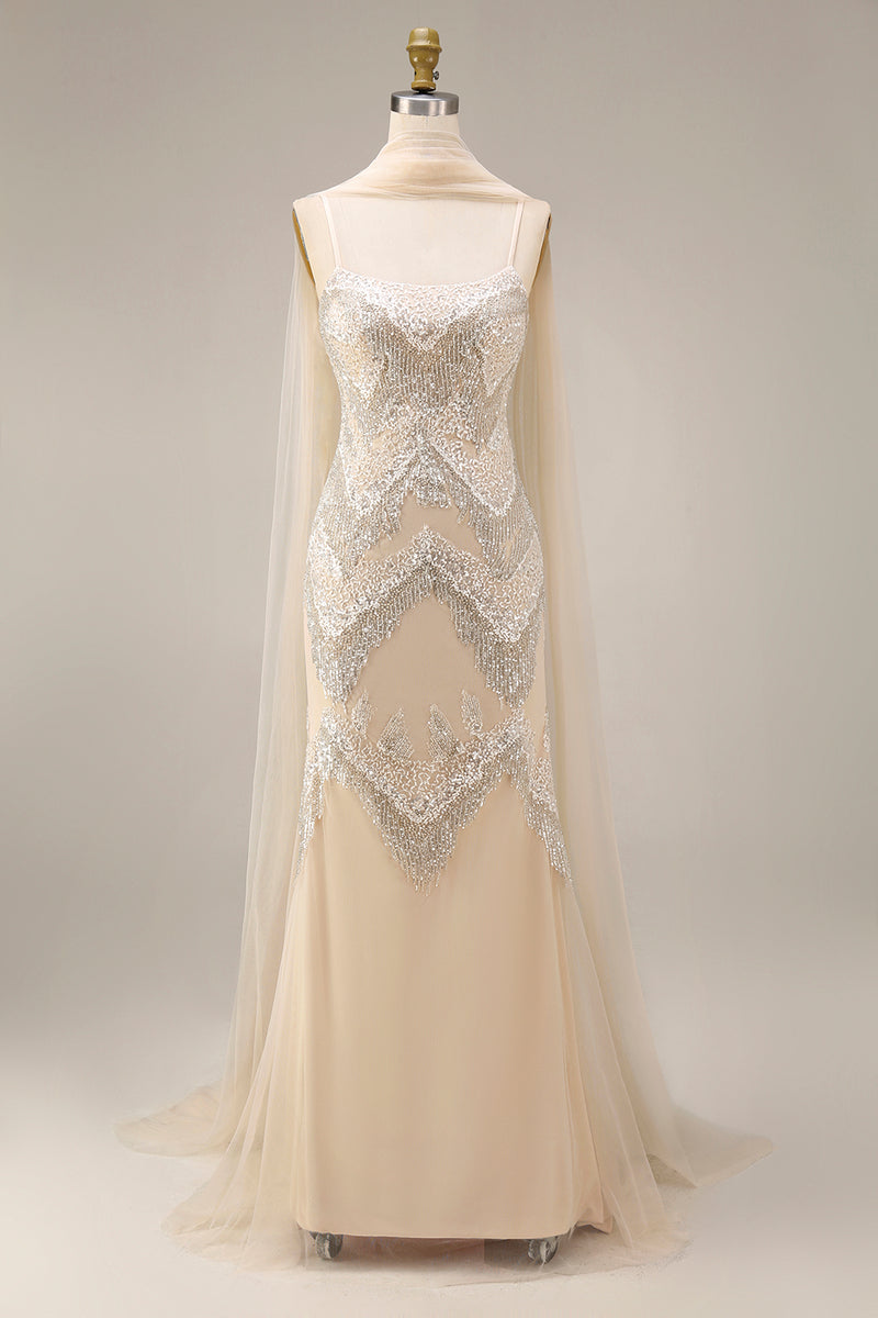 Load image into Gallery viewer, Sparkly Apricot Beaded Long Spaghetti Straps Prom Dress with Shawl