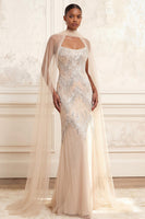 Load image into Gallery viewer, Sparkly Apricot Beaded Long Spaghetti Straps Prom Dress with Shawl