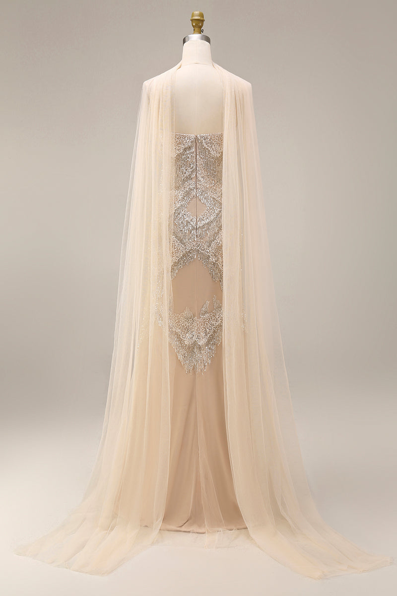 Load image into Gallery viewer, Sparkly Apricot Beaded Long Spaghetti Straps Prom Dress with Shawl