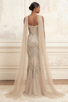 Sparkly Apricot Beaded Long Spaghetti Straps Prom Dress with Shawl