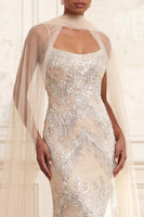 Load image into Gallery viewer, Sparkly Apricot Beaded Long Spaghetti Straps Prom Dress with Shawl