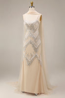 Load image into Gallery viewer, Sparkly Apricot Beaded Long Spaghetti Straps Prom Dress with Shawl