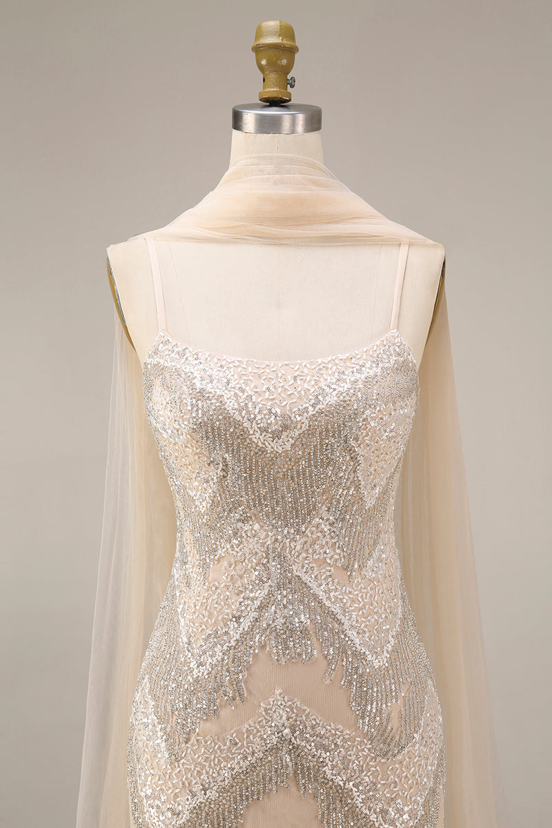 Load image into Gallery viewer, Sparkly Apricot Beaded Long Spaghetti Straps Prom Dress with Shawl