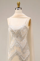 Load image into Gallery viewer, Sparkly Apricot Beaded Long Spaghetti Straps Prom Dress with Shawl