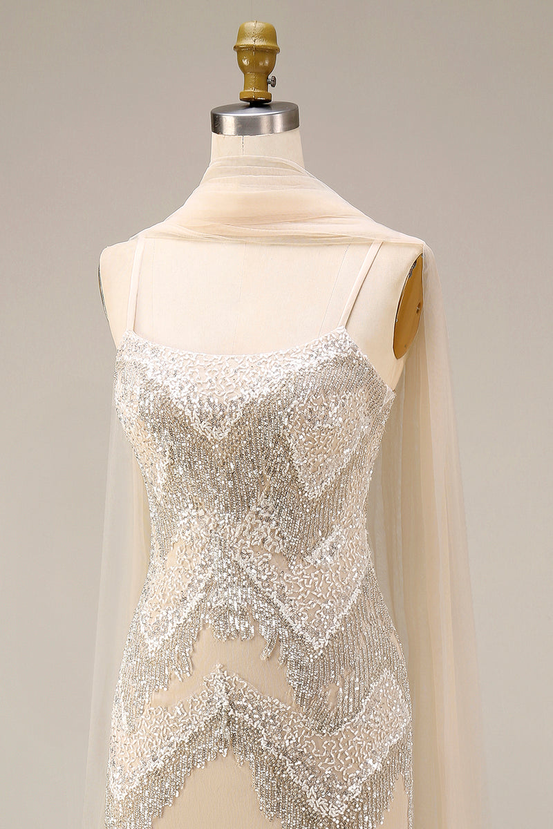 Load image into Gallery viewer, Sparkly Apricot Beaded Long Spaghetti Straps Prom Dress with Shawl