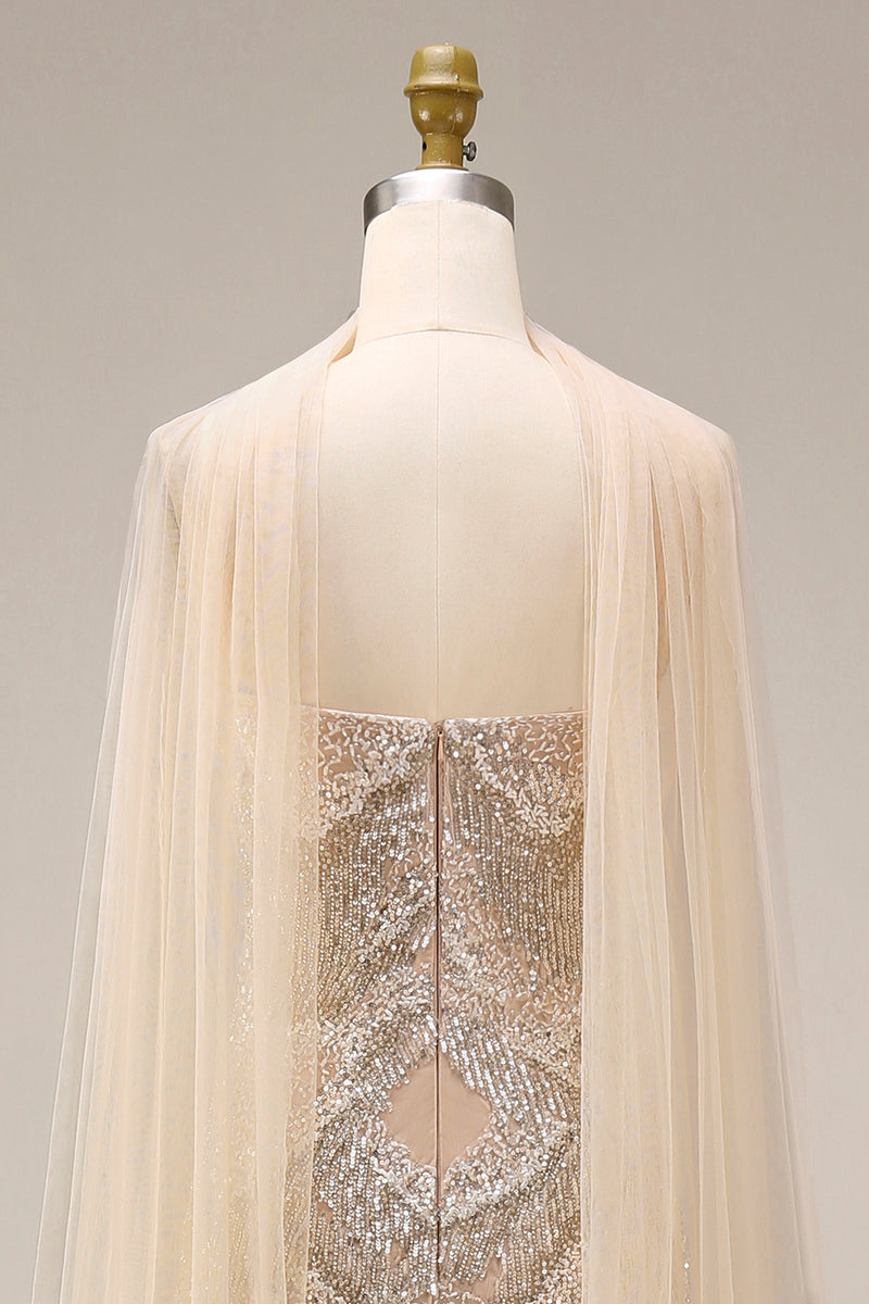 Load image into Gallery viewer, Sparkly Apricot Beaded Long Spaghetti Straps Prom Dress with Shawl