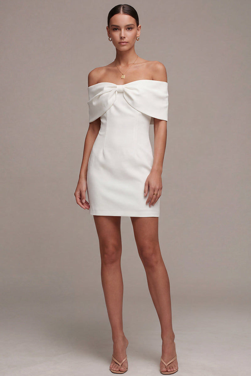 Load image into Gallery viewer, Tight White Short Off the Shoulder Graduation Dress with Bow