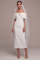 Load image into Gallery viewer, White Sheath Off the Shoulder Maxi Beach Wedding Dress with Bow