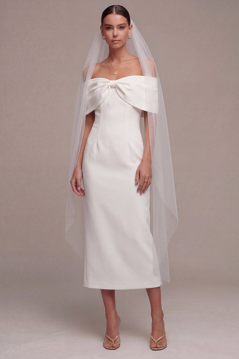 Load image into Gallery viewer, White Sheath Off the Shoulder Maxi Beach Wedding Dress with Bow