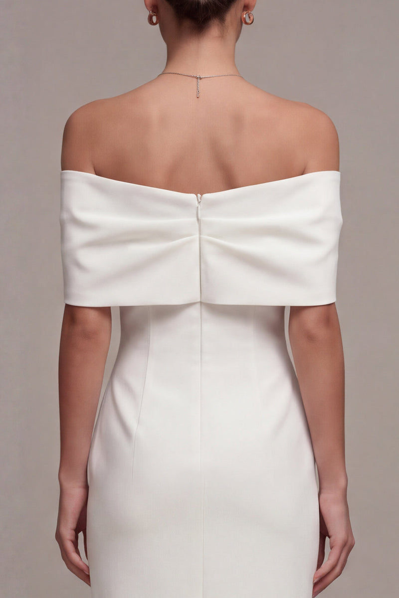 Load image into Gallery viewer, White Sheath Off the Shoulder Maxi Beach Wedding Dress with Bow