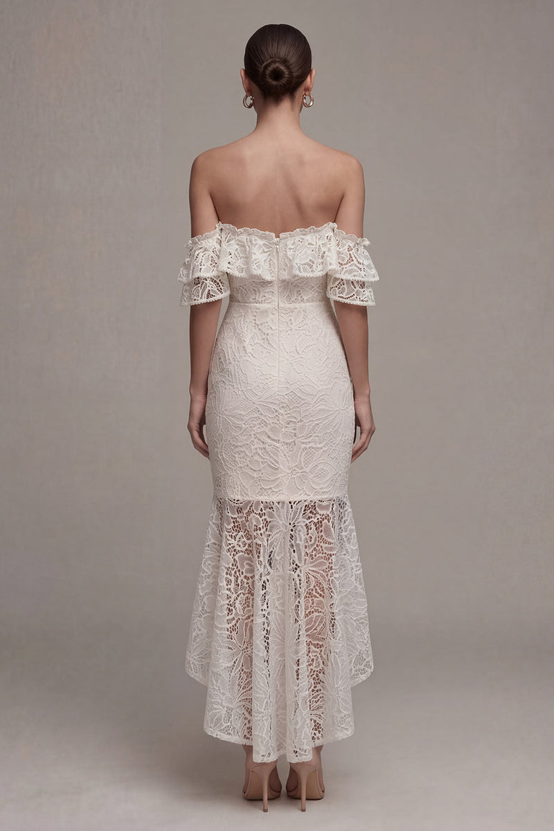 Load image into Gallery viewer, White Asymmetrical Bodycon Off the Shoulder Boho Wedding Dress with Ruffles