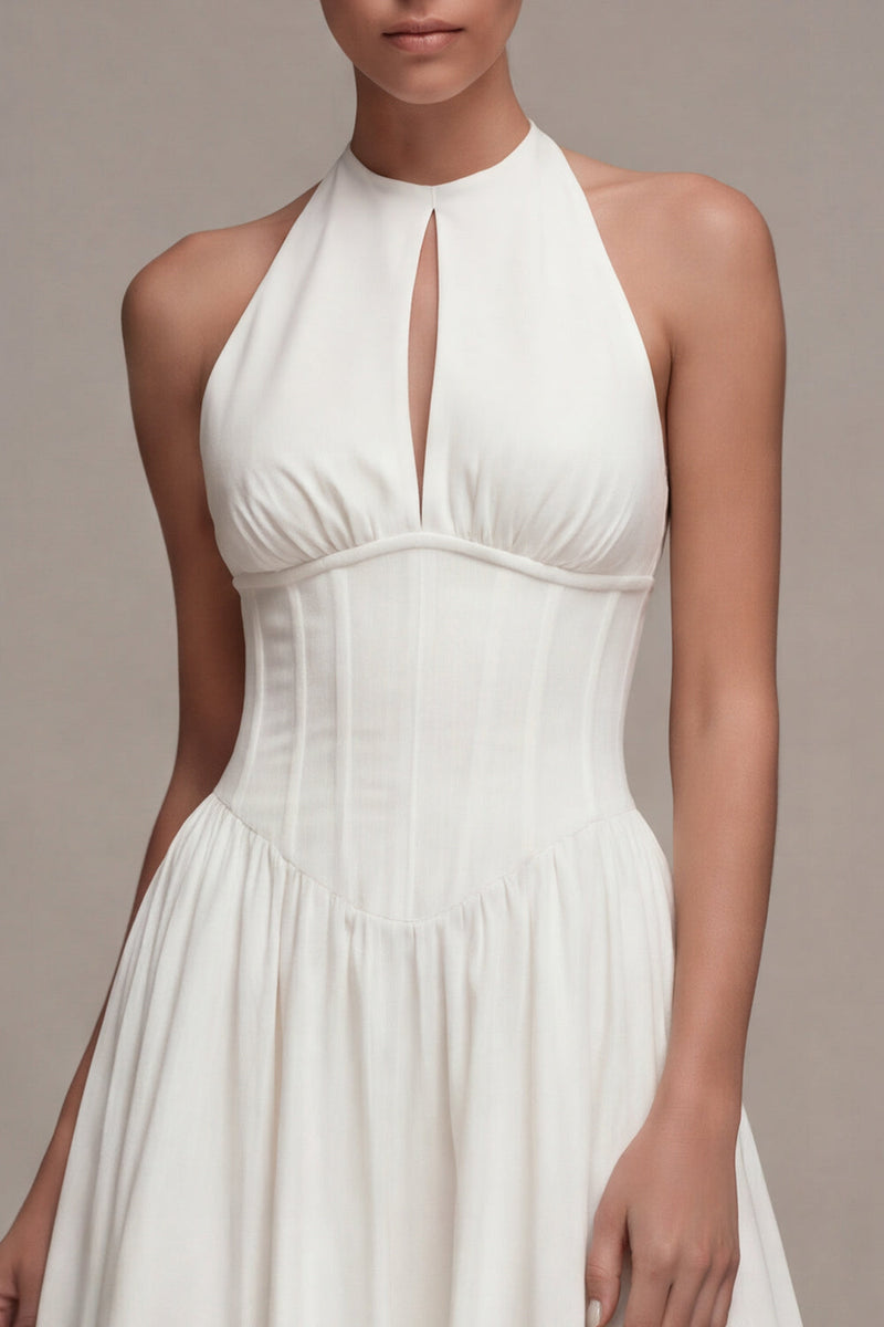 Load image into Gallery viewer, A Line Halter Corset Midi White Beach Wedding Dress