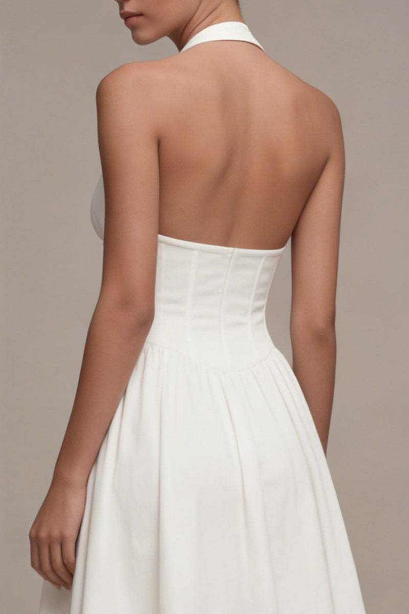 Load image into Gallery viewer, A Line Halter Corset Midi White Beach Wedding Dress